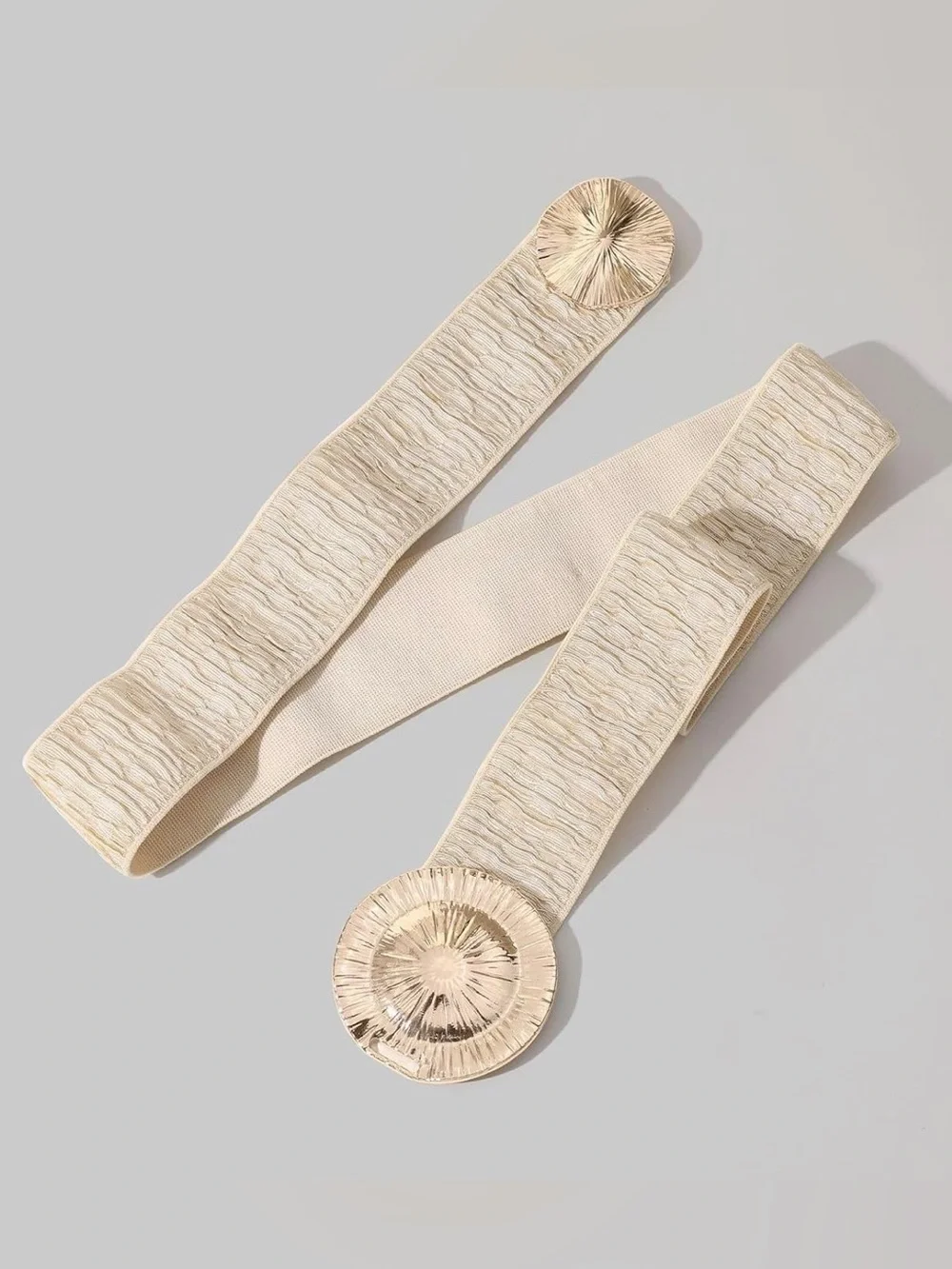 Set of 2 Stretchy Elastic Waist Wide Gold Round Buckle Black Cream Belts